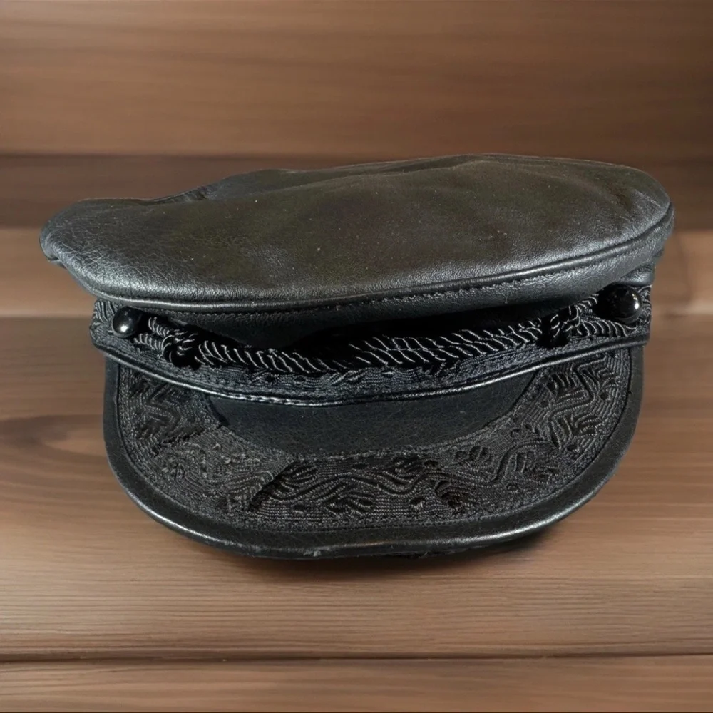 Vintage GREEK FISHERMANS Cap Mens X-Large Black Genuine Leather Fiddlers Hat USA